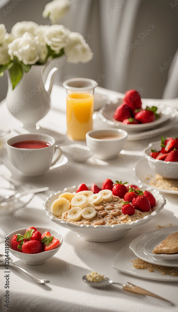 A beautifully arranged breakfast table with cereals, fresh fruits, and beverages under soft natural lighting. Includes strawberries, bananas, tea, coffee, and pastries, evoking feelings of morning rel A beautifully arranged breakfast table with cereals, fresh fruits, and beverages under soft natural lighting. Includes strawberries, bananas, tea, coffee, and pastries, evoking feelings of morning rel
