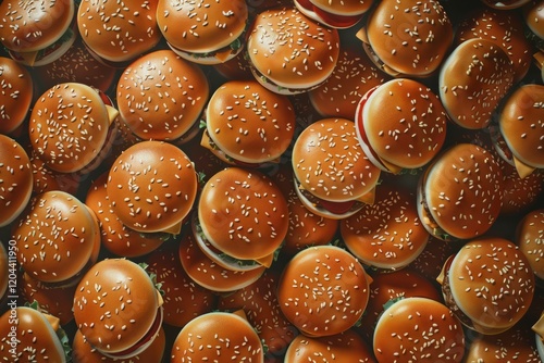 Endless array of cheeseburgers showcases fast food abundance. Neural network AI generated photo