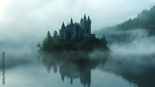 Castle on a misty island. Mystic Lake. Illustration