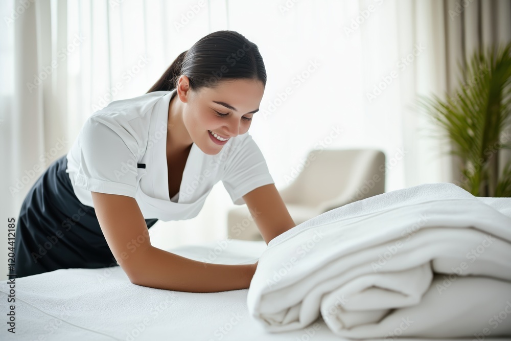 Female hotel staff efficiently preparing a bed in a messy hotel room during a busy day Female hotel staff efficiently preparing a bed in a messy hotel room during a busy day