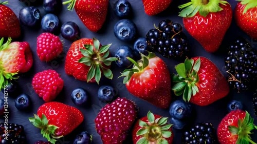 A close-up shot of a variety of fresh berries, including strawberries, raspberries, blackberries, and blueberries