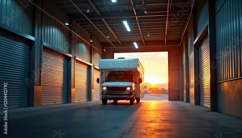 White motorhome parked in storage facility. Sunset light streams through open door. Industrial building. Evening time. Travel, adventure theme. Ideal for vacation retirement. Motorhome campervan,
