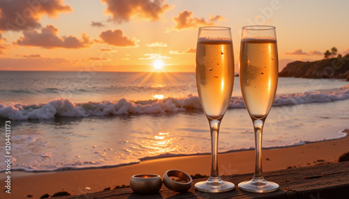 Romantic sunset over beach with champagne glasses, celebration concept photo