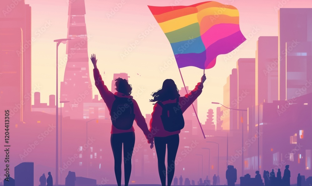 Pride celebration with two women holding hands and waving rainbow flag in urban setting at sunset, symbolizing love and acceptance Pride celebration with two women holding hands and waving rainbow flag in urban setting at sunset, symbolizing love and acceptance