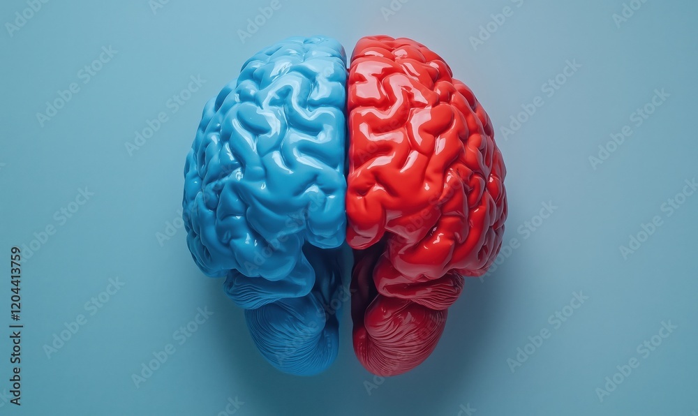 Colorful Brain Model Split in Half, Blue and Red Sides Representing Different Functions and Emotions Colorful Brain Model Split in Half, Blue and Red Sides Representing Different Functions and Emotions