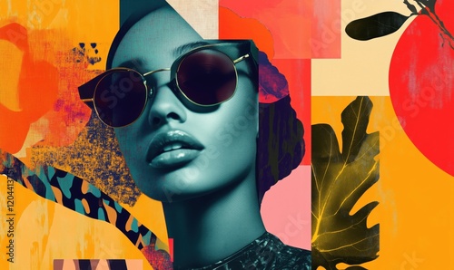 Vibrant Fashion Portrait with Bold Colors and Geometric Shapes Featuring Stylish Sunglasses and Artistic Background