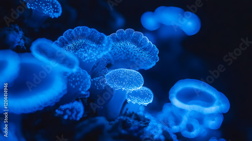 Underwater Enchantment: Glowing Blue Colonies of Bioluminescent Bacteria in the Depths of the Ocean