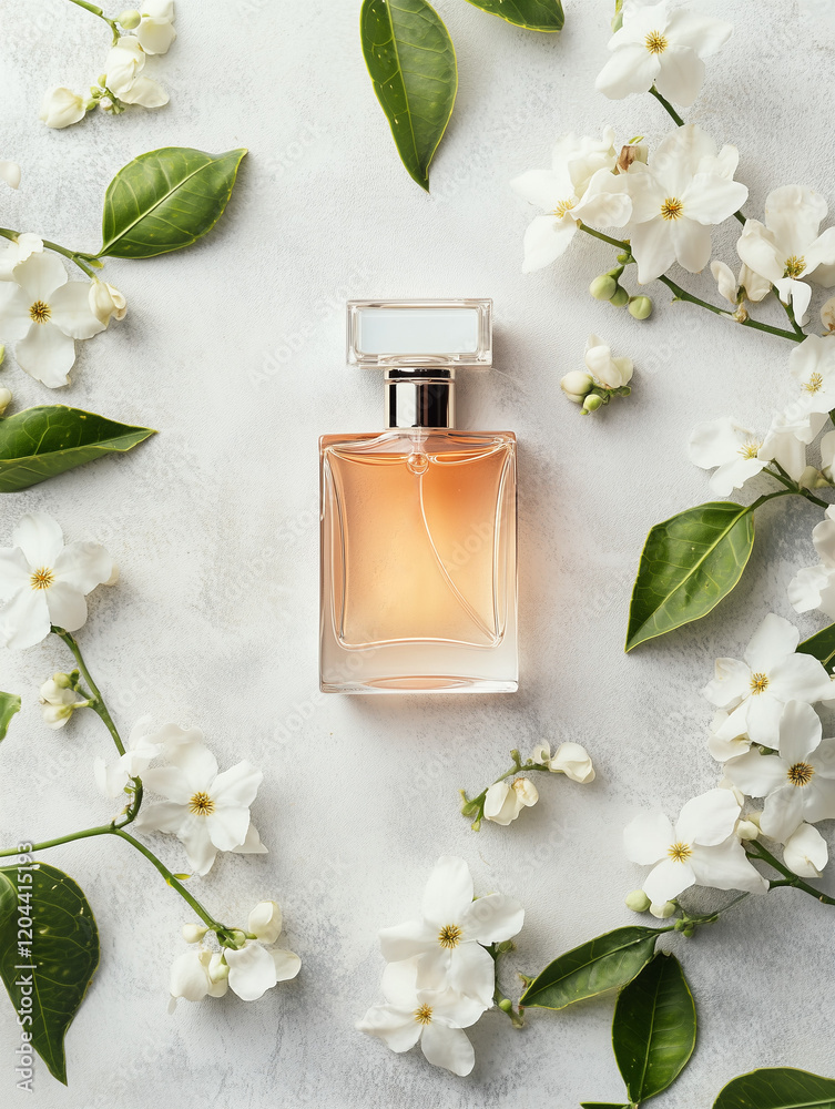 Bottle of luxury perfume and fresh jasmine flowers on light grey table, flat lay