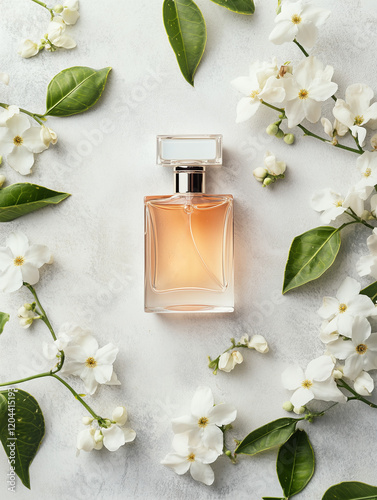 Obraz na płótnie Bottle of luxury perfume and fresh jasmine flowers on light grey table, flat lay w salonie