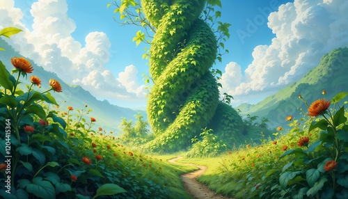 Lush fairytale landscape featuring a massive beanstalk twisting towards the sky, vibrant orange wildflowers, and a scenic dirt path leading into rolling green hills under a bright blue sky.