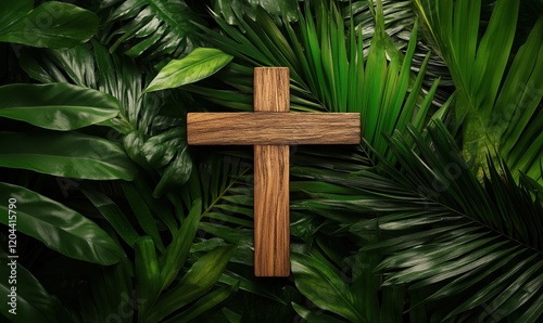 Wooden cross surrounded by lush green tropical leaves, symbolizing faith and nature's beauty