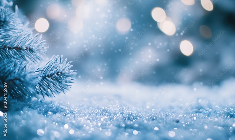 Winter Wonderland Scene with Snowy Pine Branches, Soft Bokeh Lights, and Glittering Snowflakes Winter Wonderland Scene with Snowy Pine Branches, Soft Bokeh Lights, and Glittering Snowflakes