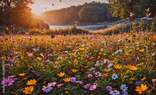 A field of flowers with butterflies flying around. The sun is shining brightly, creating a warm and inviting atmosphere