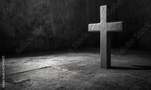 Dark, moody cross symbolizing faith and spirituality in a desolate environment with textured floor and shadow play photo