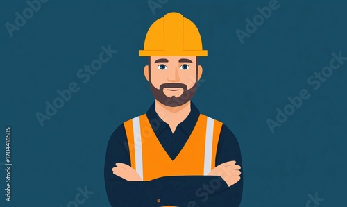 Construction worker illustration with hard hat and safety vest, confident pose, blue background, digital art photo