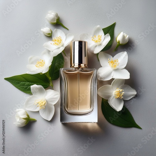 Obraz na płótnie Bottle of luxury perfume and fresh jasmine flowers on light grey table, flat lay w salonie