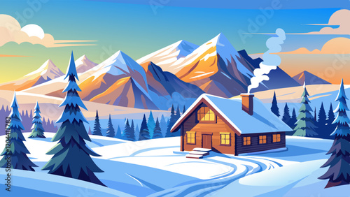 winter landscape with house and mountains