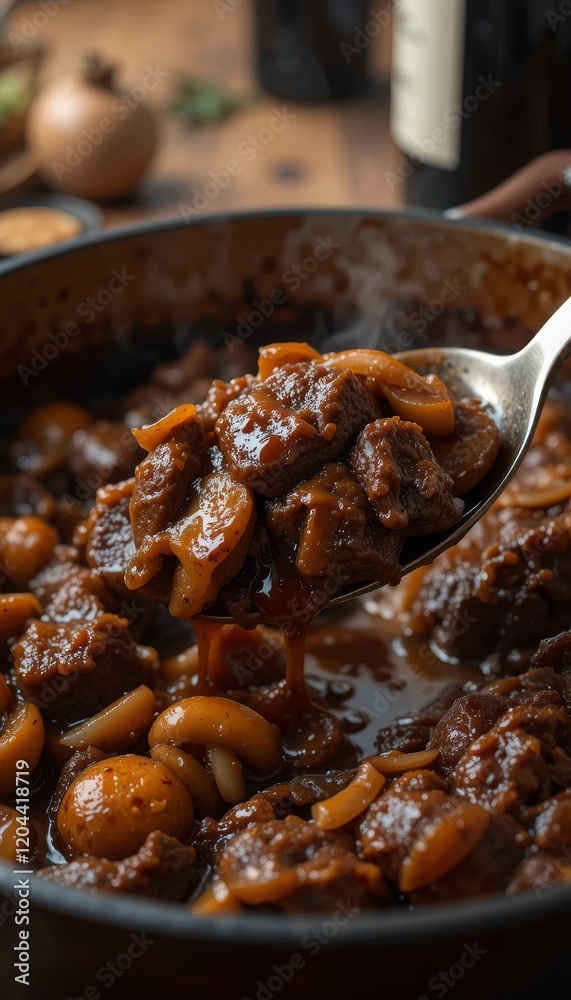 Tender slow-braised beef with earthy mushrooms and caramelized onions in rich red wine sauce, captured with a spoonful dripping sauce in a warm, rustic Dutch oven setting. Generative AI Tender slow-braised beef with earthy mushrooms and caramelized onions in rich red wine sauce, captured with a spoonful dripping sauce in a warm, rustic Dutch oven setting. Generative AI
