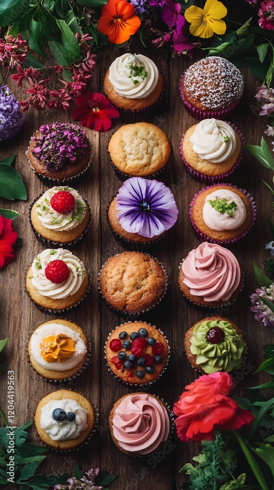 Vibrant cupcakes arranged beautifully soft light. AI Generated Vibrant cupcakes arranged beautifully soft light. AI Generated