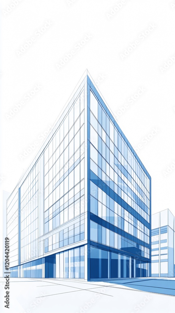 Obraz premium Modern Architecture: Glass and Steel Skyscraper in Urban Landscape - Architectural Drawing