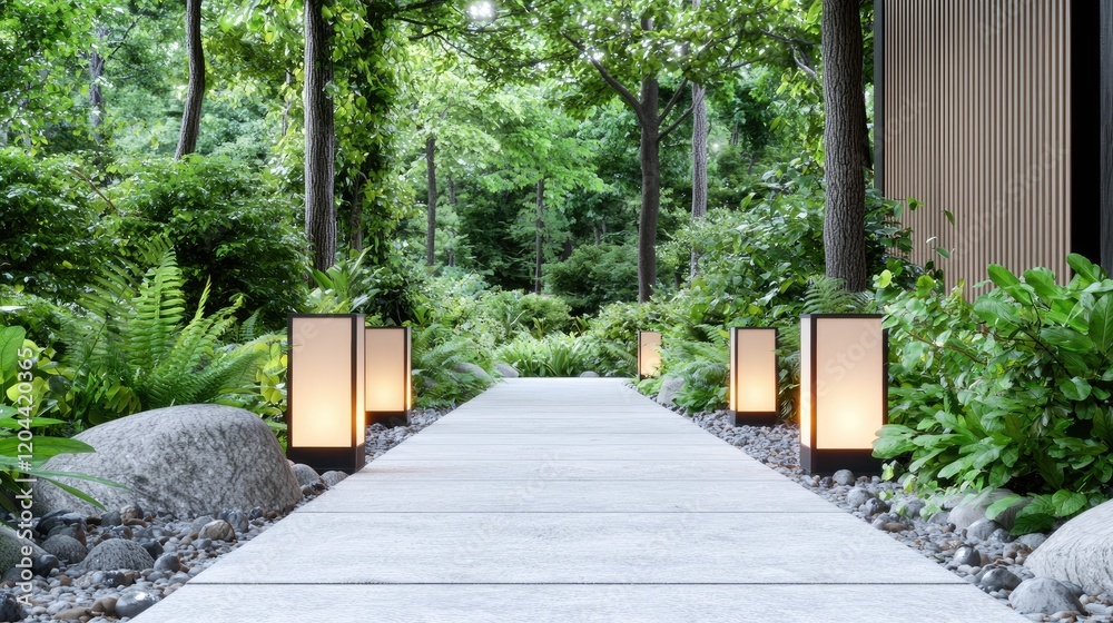 Serene pathway through lush forest with illuminated lanterns. Serene pathway through lush forest with illuminated lanterns.