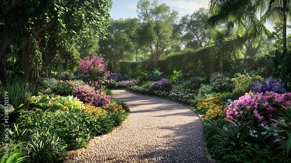 A beautifully landscaped garden path lined with colorful flowers and lush greenery evoking tranquility A beautifully landscaped garden path lined with colorful flowers and lush greenery evoking tranquility