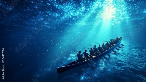 A synchronized rowing team in a canoe on deep blue waters symbolizing teamwork and competitive spirit photo