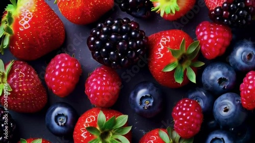 A close-up shot of a variety of fresh berries, including strawberries, raspberries, blackberries, and blueberries