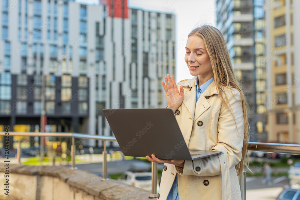 Fototapeta premium Mature businesswoman talking on video call using laptop computer against buildings in city street. Female manager woman employer in long coat having an online conversation, remote business meeting.