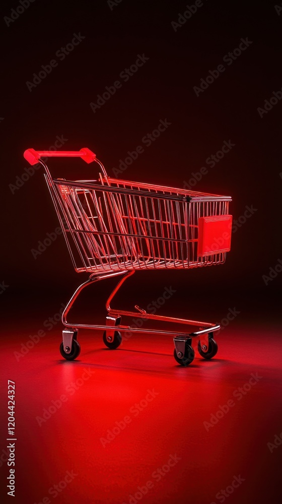 A shopping cart illuminated in red light against a dark background. A shopping cart illuminated in red light against a dark background.