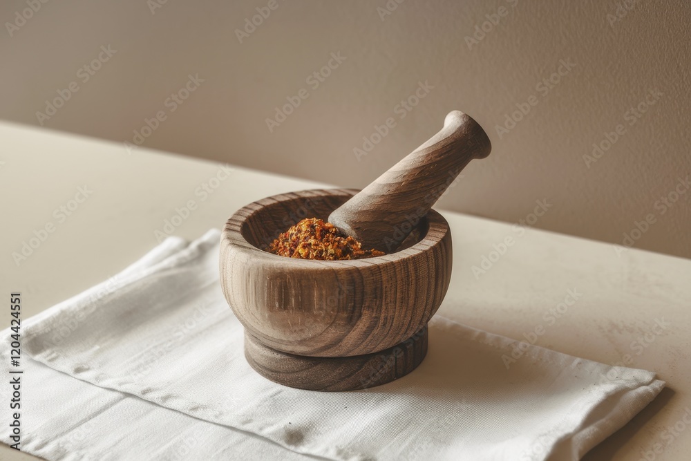 Wooden Mortar and Pestle with Spices on a Linen Cloth Wooden Mortar and Pestle with Spices on a Linen Cloth