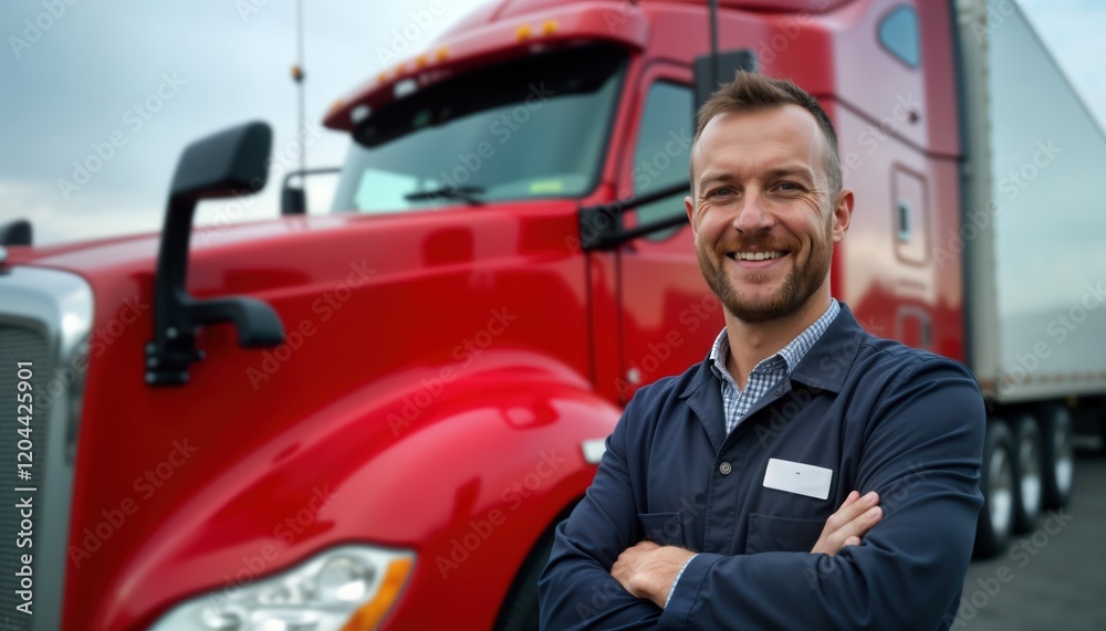 Confident male truck driver stands in front of red semi-truck. Wears uniform, smiles. Pro, happy transportation worker in career of delivery industry. Daytime outdoor scene of successful, cheerful Confident male truck driver stands in front of red semi-truck. Wears uniform, smiles. Pro, happy transportation worker in career of delivery industry. Daytime outdoor scene of successful, cheerful