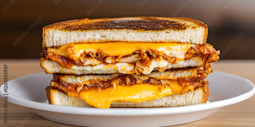 A delicious grilled cheese sandwich layered with melted cheese, savory chicken, and a tangy sauce. A delicious grilled cheese sandwich layered with melted cheese, savory chicken, and a tangy sauce.