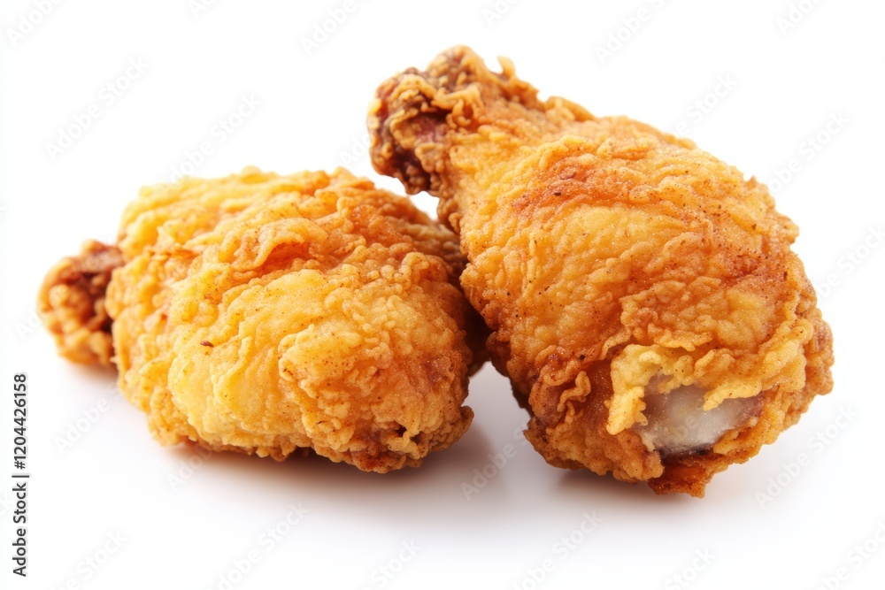 Close-up of two golden-brown pieces of fried chicken against a clean white background Close-up of two golden-brown pieces of fried chicken against a clean white background