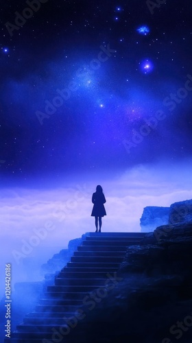 Wallpaper Mural A silhouette of a person stands on stairs under a starry, purple-hued sky. Torontodigital.ca