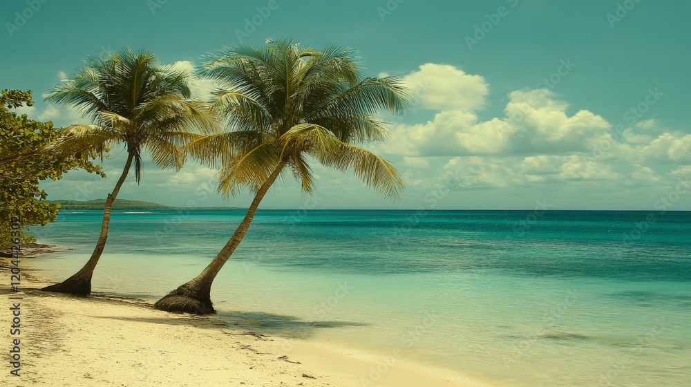 Serene tropical beach scene with two palm trees on a sandy shore, turquoise ocean, and a clear blue sky, representing island tranquility, natural beauty, and escapism Serene tropical beach scene with two palm trees on a sandy shore, turquoise ocean, and a clear blue sky, representing island tranquility, natural beauty, and escapism
