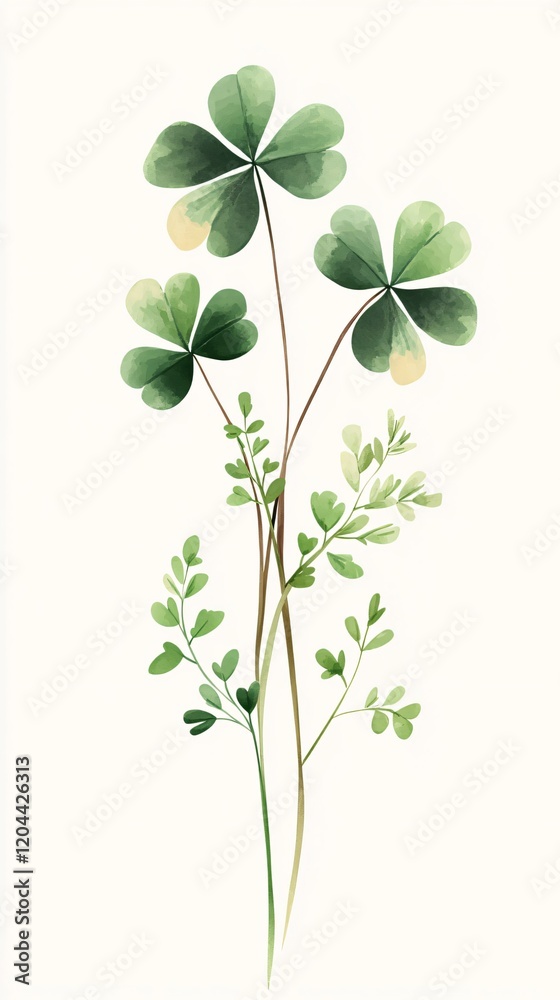 Elegant Watercolor Clover: Botanical Illustration on White Background Elegant Watercolor Clover: Botanical Illustration on White Background