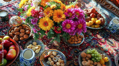 Beautiful Haft Sin Table with Vibrant Flowers and Fresh Fruits on Ornate Carpet Concept of Persian New Year Celebration, Cultural Traditions, Festive Spring Decor. Nowruz