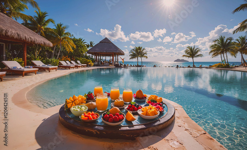A tray of fruit and drinks is placed on a table by a pool. The scene is set in a tropical location, with palm trees and a beach in the background. The tray is filled with a variety of fruits