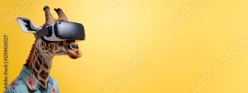 Giraffe with VR Headset on Yellow Background: Funny Animal with Virtual Reality Headset and Hawaiian Jeans Shirt on Vibrant Yellow Backdrop - Banner with Copy Space