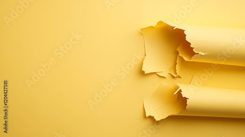 Cheerful woman peeking through a tear in bright yellow paper on a sunny day, bringing joy and excitement through vibrant colors and playful expressions photo