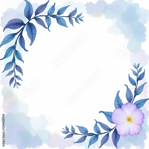 Floral frame design with blue flowers on a watercolor background for artistic projects