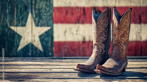 Modern Cowboy Boots Resting on Wooden Platform in Front of Texas Flag. Concept of Texan Heritage, Western Fashion, Americana Symbolism. Texas Independence Day. Copy space