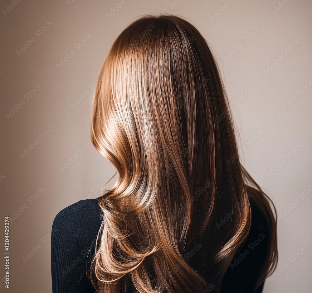 Obraz premium Shiny, long blond brown hair with soft waves from the back against a neutral background, showcasing healthy and well-groomed hairstyle