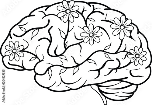Human Brain with Vines and Floral Arteries Line Art Vector Illustration