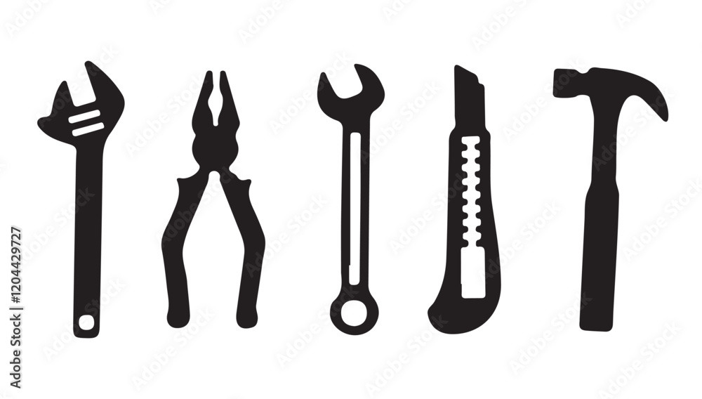 Pliers, hammer, screwdriver, wrench hardware icon silhouette Pliers, hammer, screwdriver, wrench hardware icon silhouette