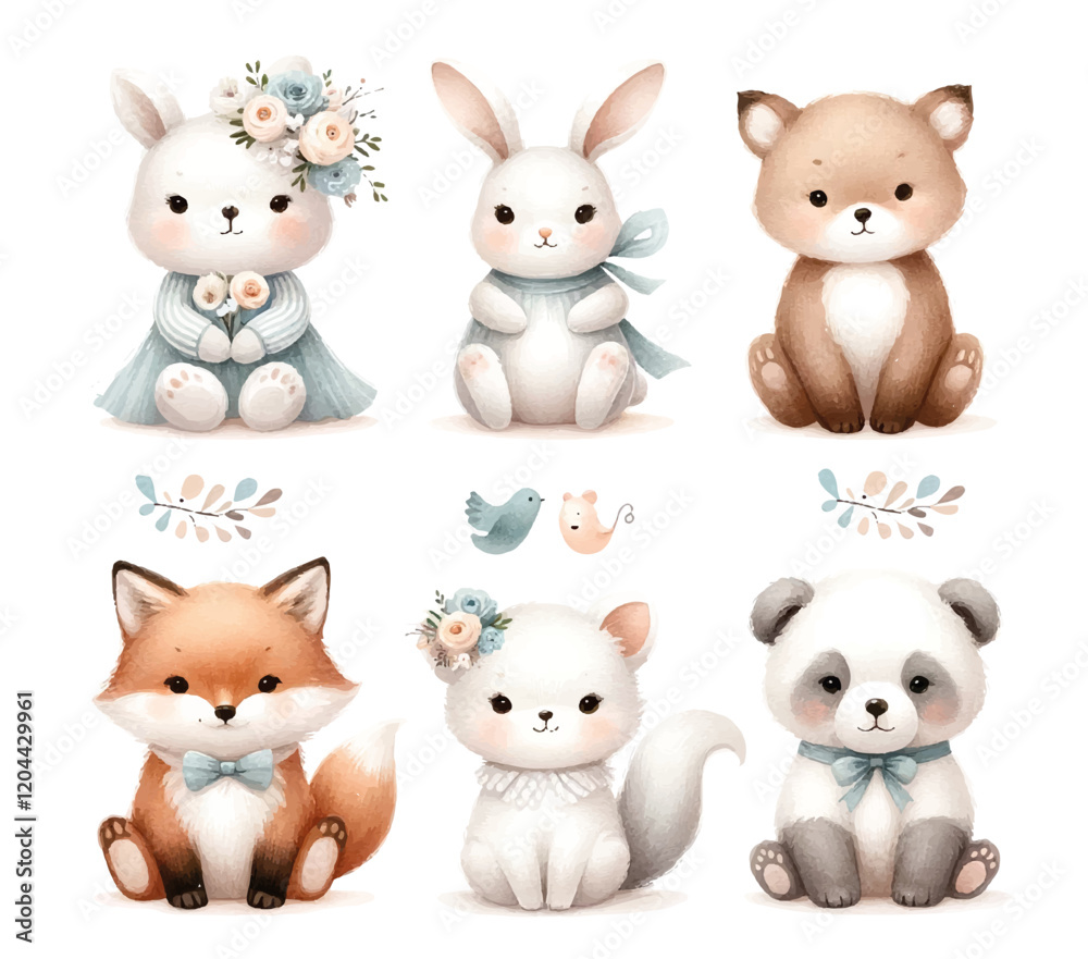 illustration of adorable forest animals such as rabbit or fox with bows and flowers in pastel colors, radiating innocence and gentle fantasy. illustration of adorable forest animals such as rabbit or fox with bows and flowers in pastel colors, radiating innocence and gentle fantasy.