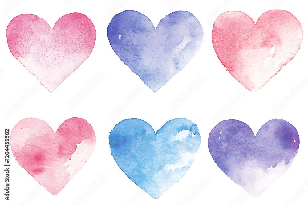 Fototapeta premium Six pastel watercolor hearts: pink, purple, and blue hues.
