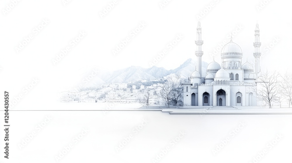 Mosque architectural sketch against mountain landscape. Mosque architectural sketch against mountain landscape.