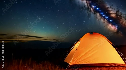 Serene Camping Scene with Glowing Tent, Campfire, and Starry Night Sky